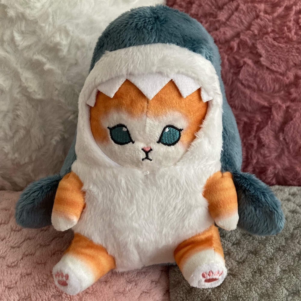 🦈🐱 20cm NWOT Orange Mofusand Cat in Blue Shark Costume Soft Plush Doll Stuff Toy